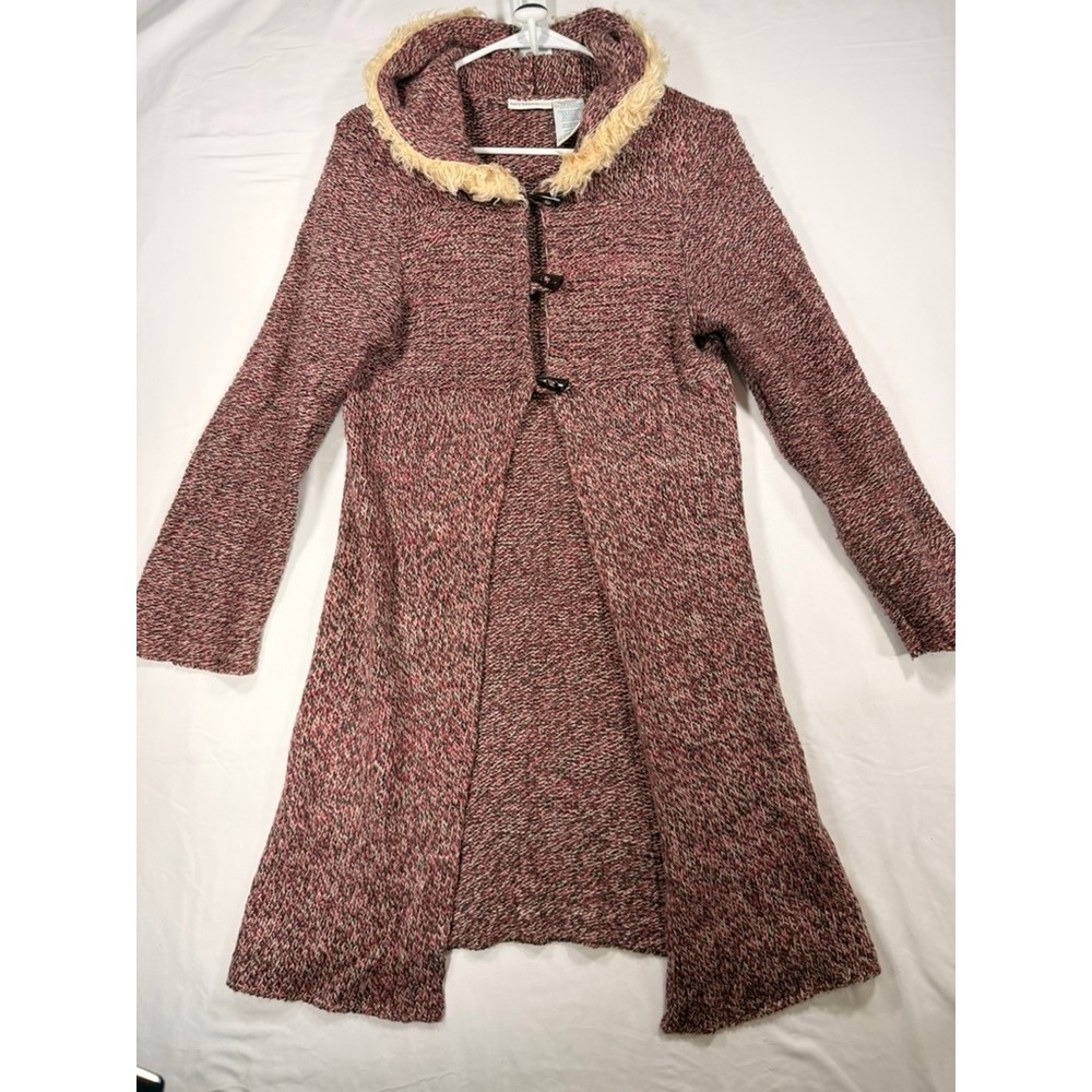 Mary-Kate and Ashley Cardigan Women XL Burgundy Y2K Faux Fur Hood Toggle